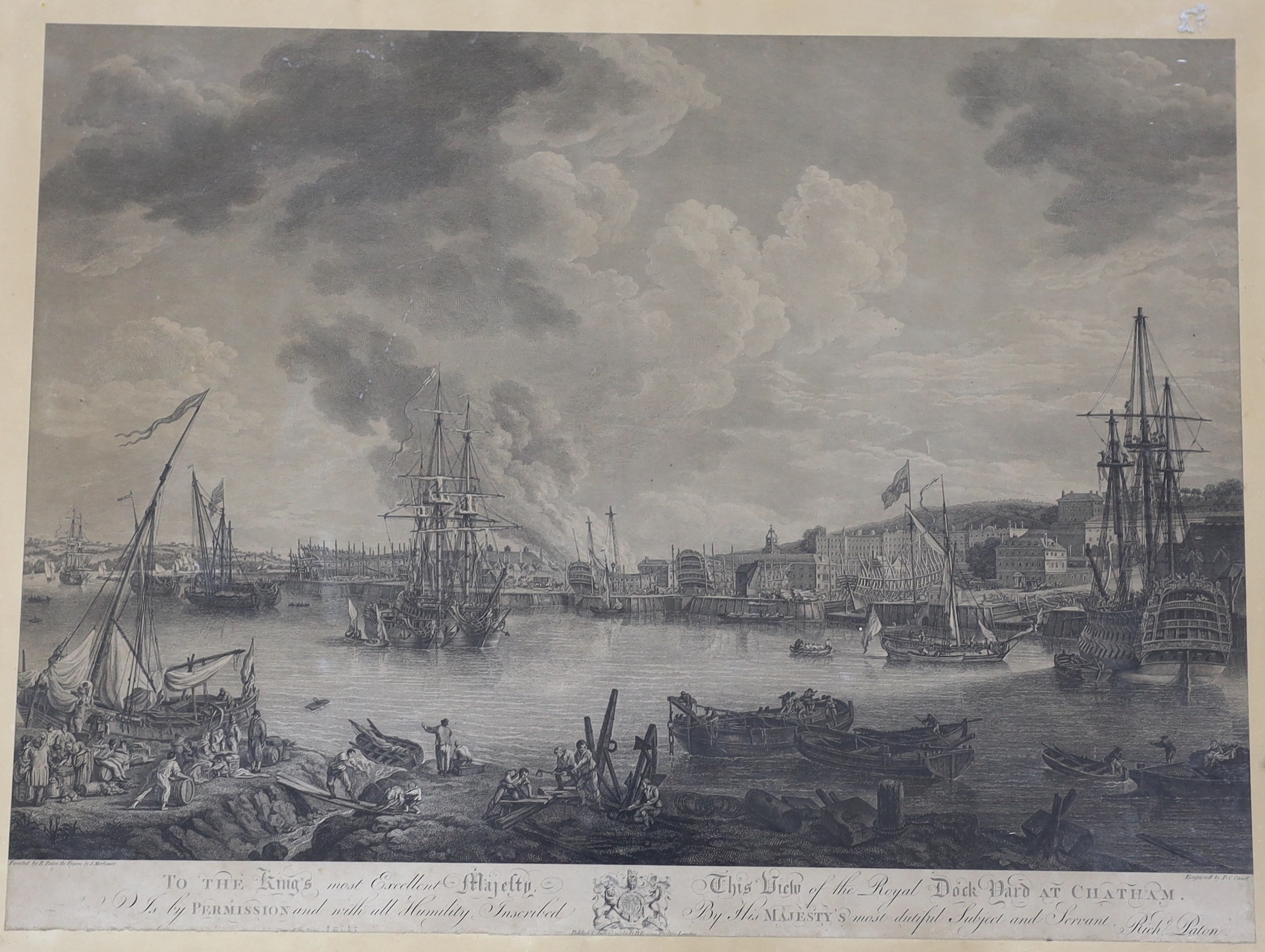 After Richard Paton (1717-1791) pair of engravings, 'A view of the Royal Dockyard at Deptford' and 'A view of the Royal Dockyard at Chatham', publ. July 1st 1793 by B.B. Evans, London and publ. February 14th 1775, London